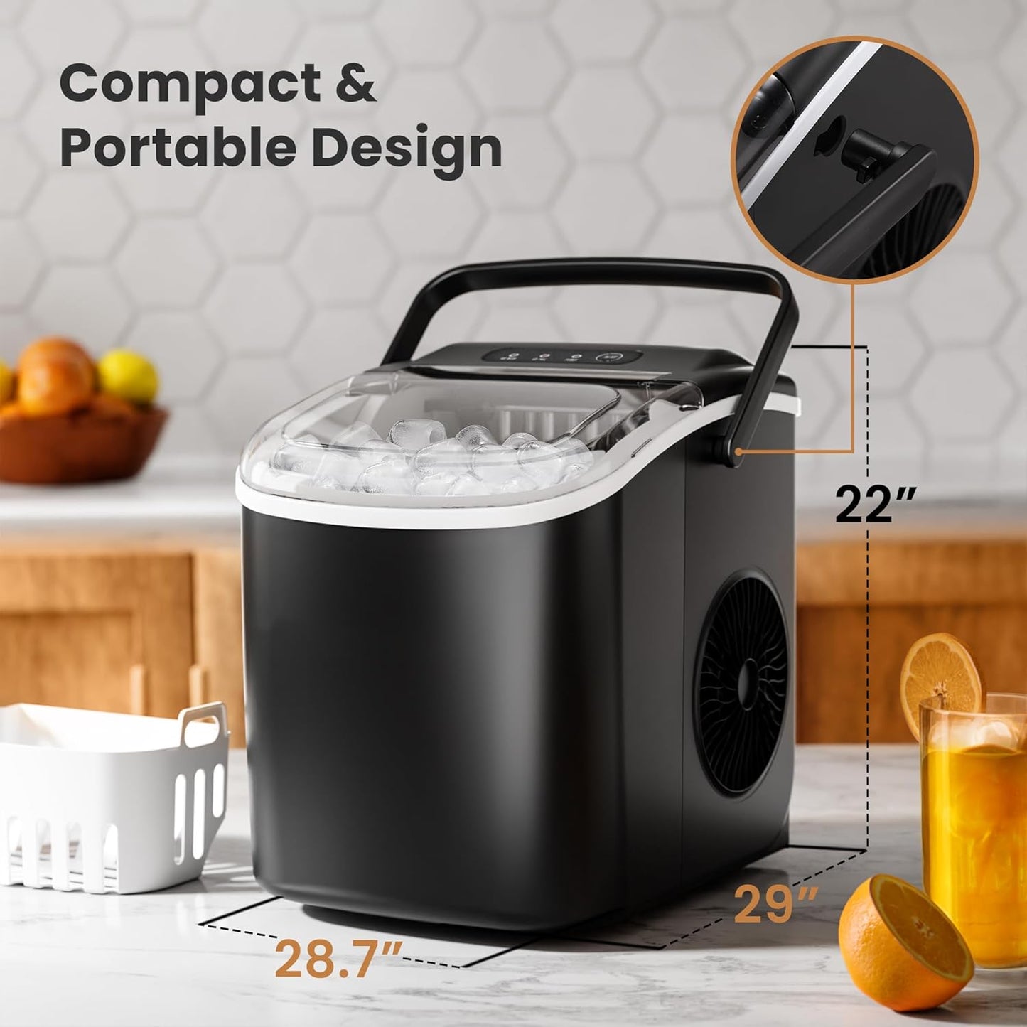 Compact portable ice maker on a kitchen counter with dimensions displayed