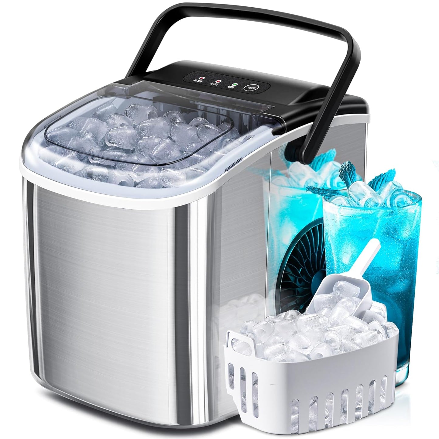 Portable Ice Maker Machine with Handle, 26lbs/24Hrs, 6Mins/9 Ice Cubes, Self-Cleaning with Basket/Scoop Z5812SH
