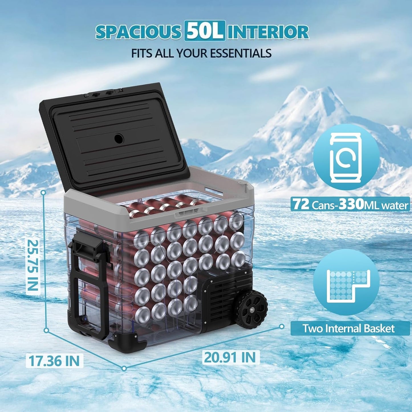 53 Quart (50L) Electric Cooler, 12 Volt Car Refrigerator, Portable Cooler with Wheels