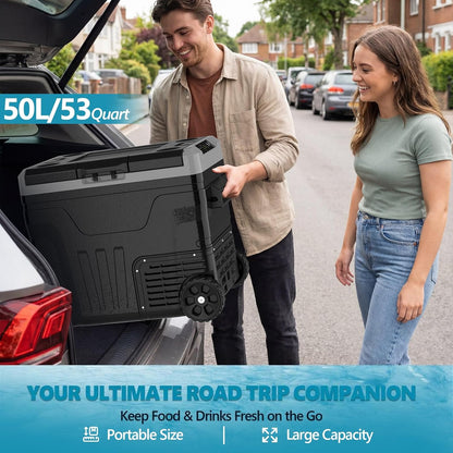 53 Quart (50L) Electric Cooler, 12 Volt Car Refrigerator, Portable Cooler with Wheels