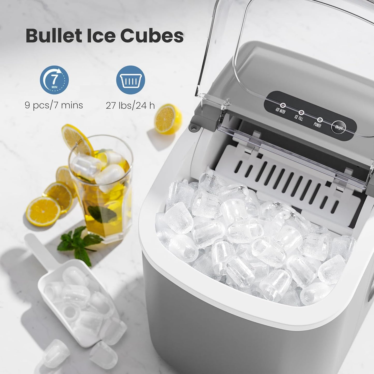 Portable Countertop Ice Maker Machine with Handle, 9 Bullet-Shaped Ice Cubes Ready in 6 Mins, 26Lbs/24H, Self-Cleaning Function with Ice Scoop and Basket for Home/Kitchen/Party (Grey)