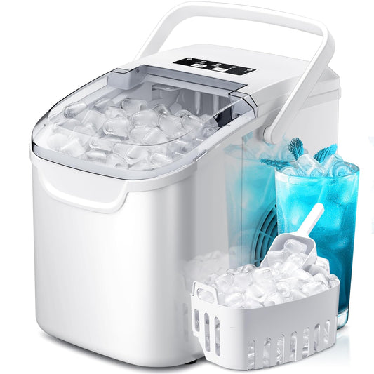 White ice maker with ice cubes and a glass of blue drink on a white background
