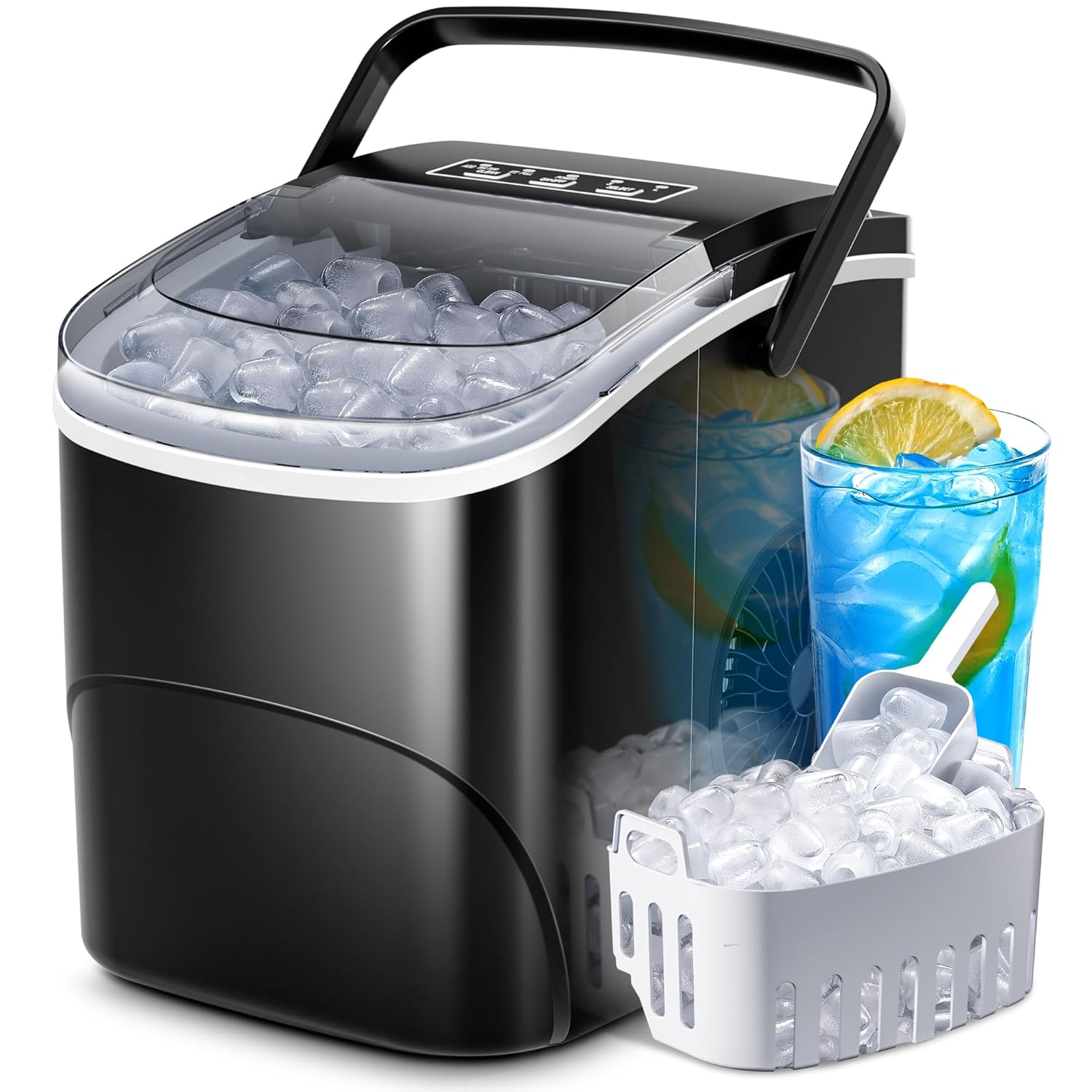 Black portable ice maker with a container of ice and a glass of lemonade.