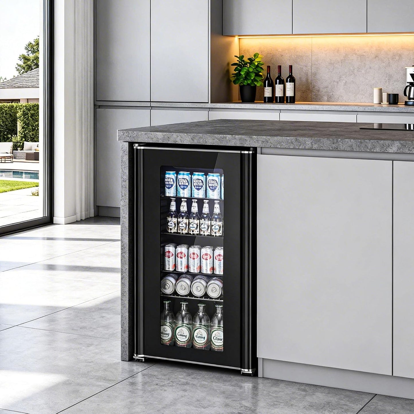 Small refrigerator with drinks inside in a modern kitchen setting