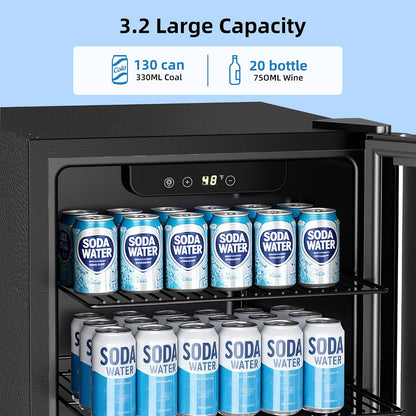 A black undercounter beverage refrigerator shown open with two shelves stocked with blue and white Soda Water cans. Text at the top reads '3.