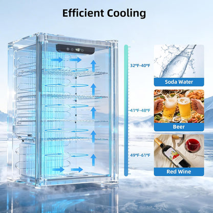 A clear glass wine cooler with multiple shelves, shown with blue airflow arrows and a temperature scale labeled 32°F-40°F, 41°F-48°F, and 49°F-61°F, next to food examples including soda water, beer, and red wine. Text at the top reads 'Efficient Cooling'.