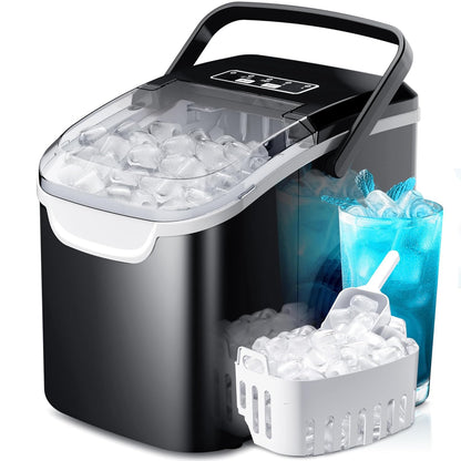 Black and silver ice maker with ice cubes and a glass of iced drink on a white background
