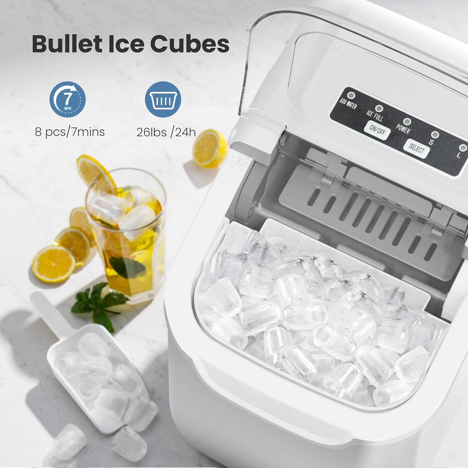 Ice maker with ice cubes and a glass of lemonade on a marble surface