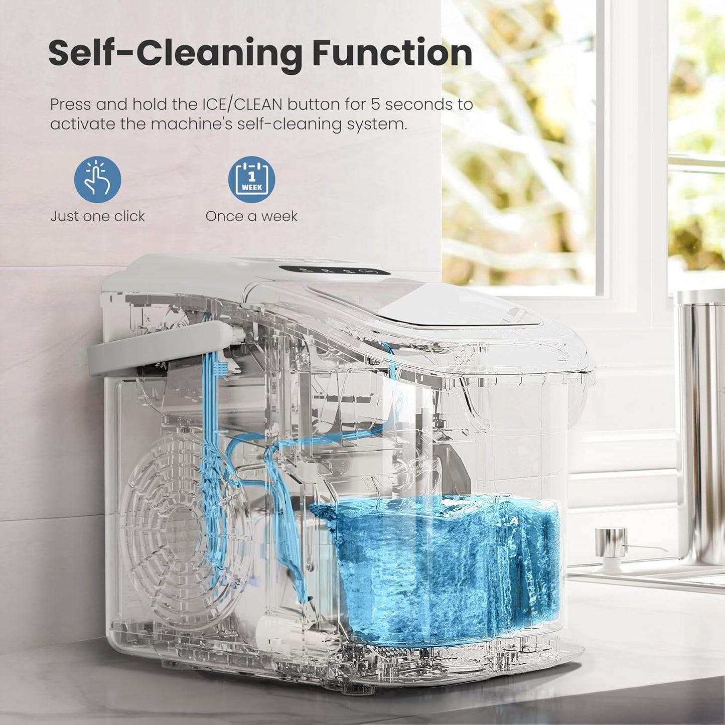 Dishwasher with self-cleaning function display and water flow animation.