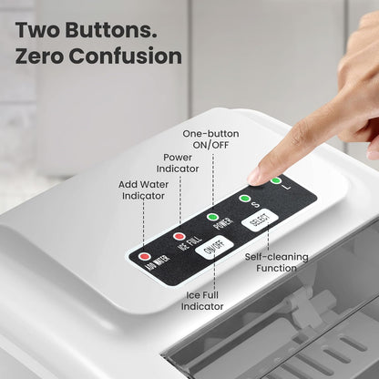 Control panel of an ice maker with labeled buttons and a hand pressing one button.
