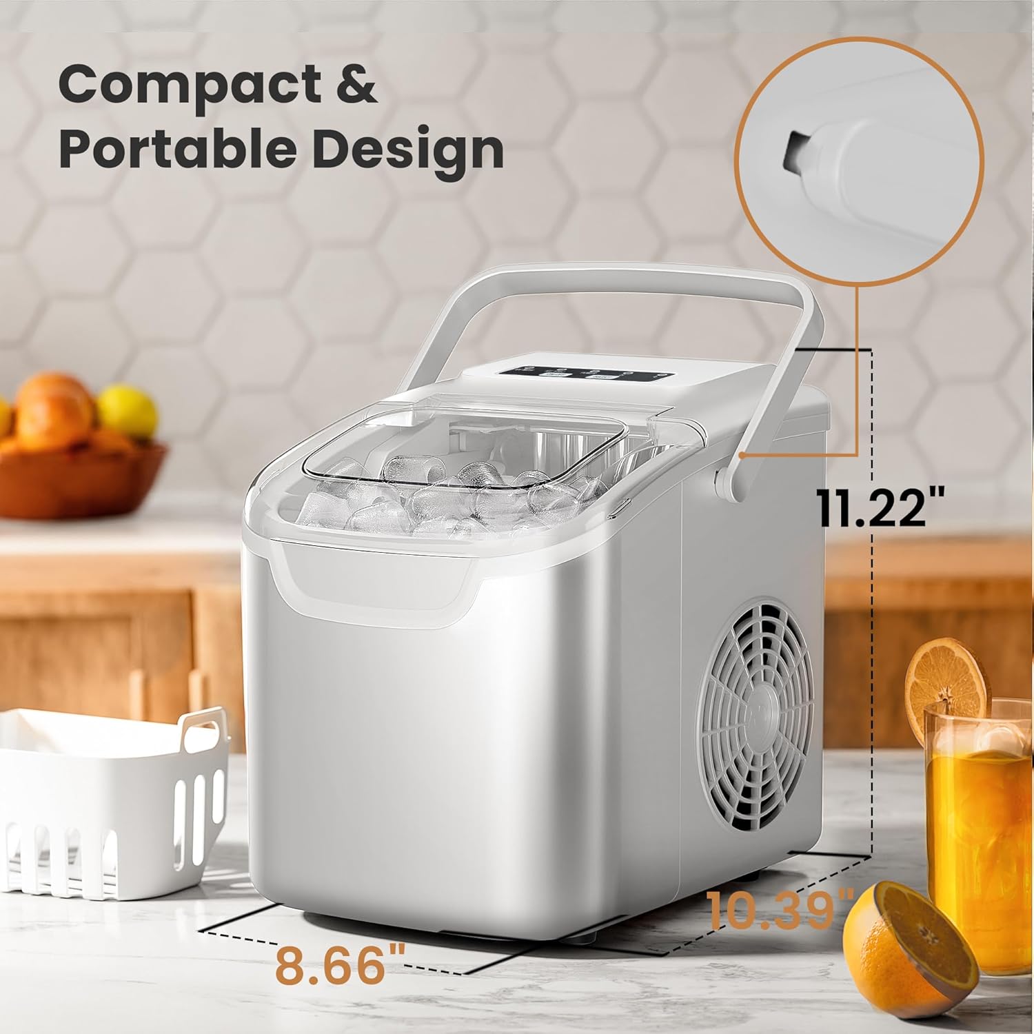 Compact portable ice maker on a kitchen counter with dimensions displayed