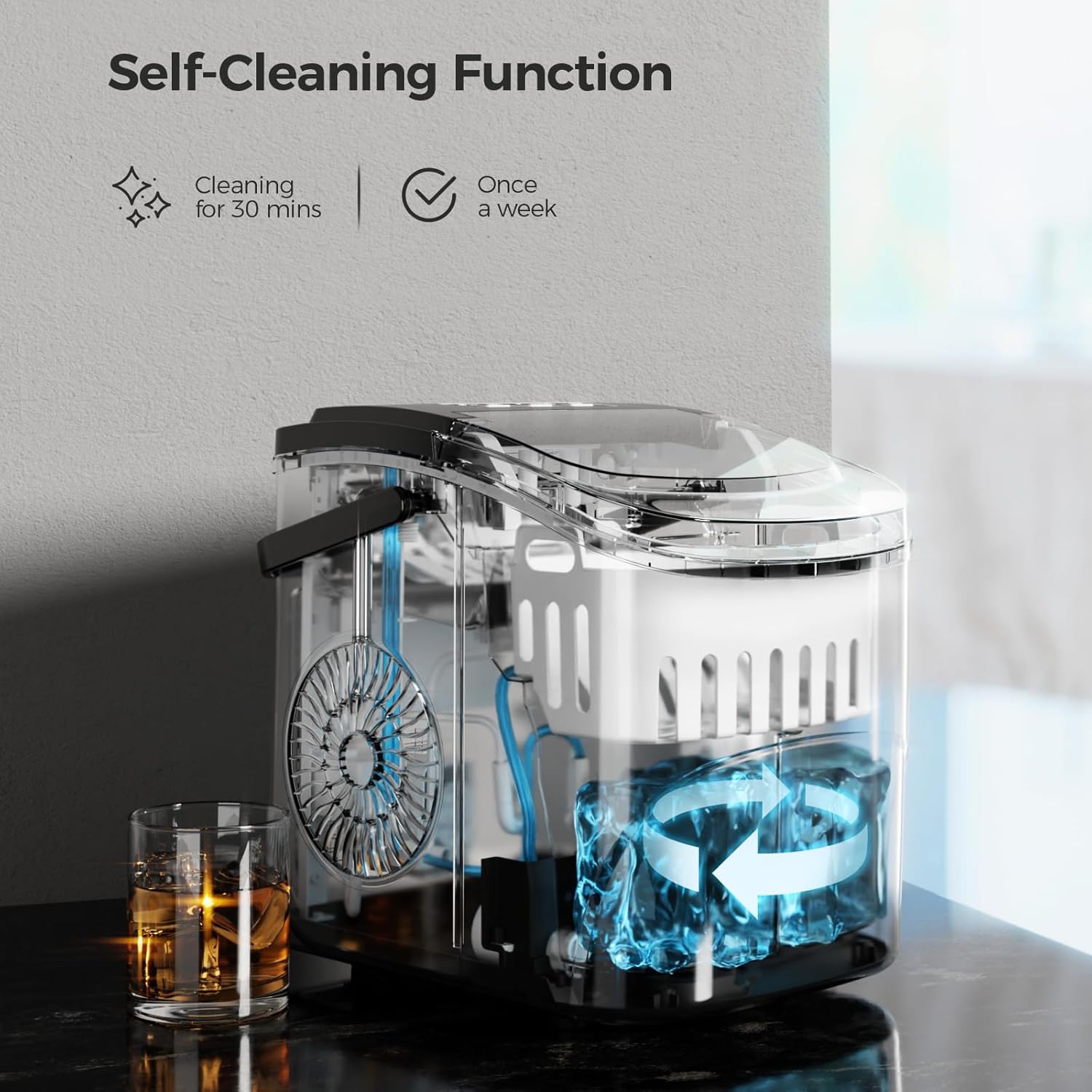 Clear self-cleaning device with blue liquid on a dark surface, featuring text about cleaning frequency.