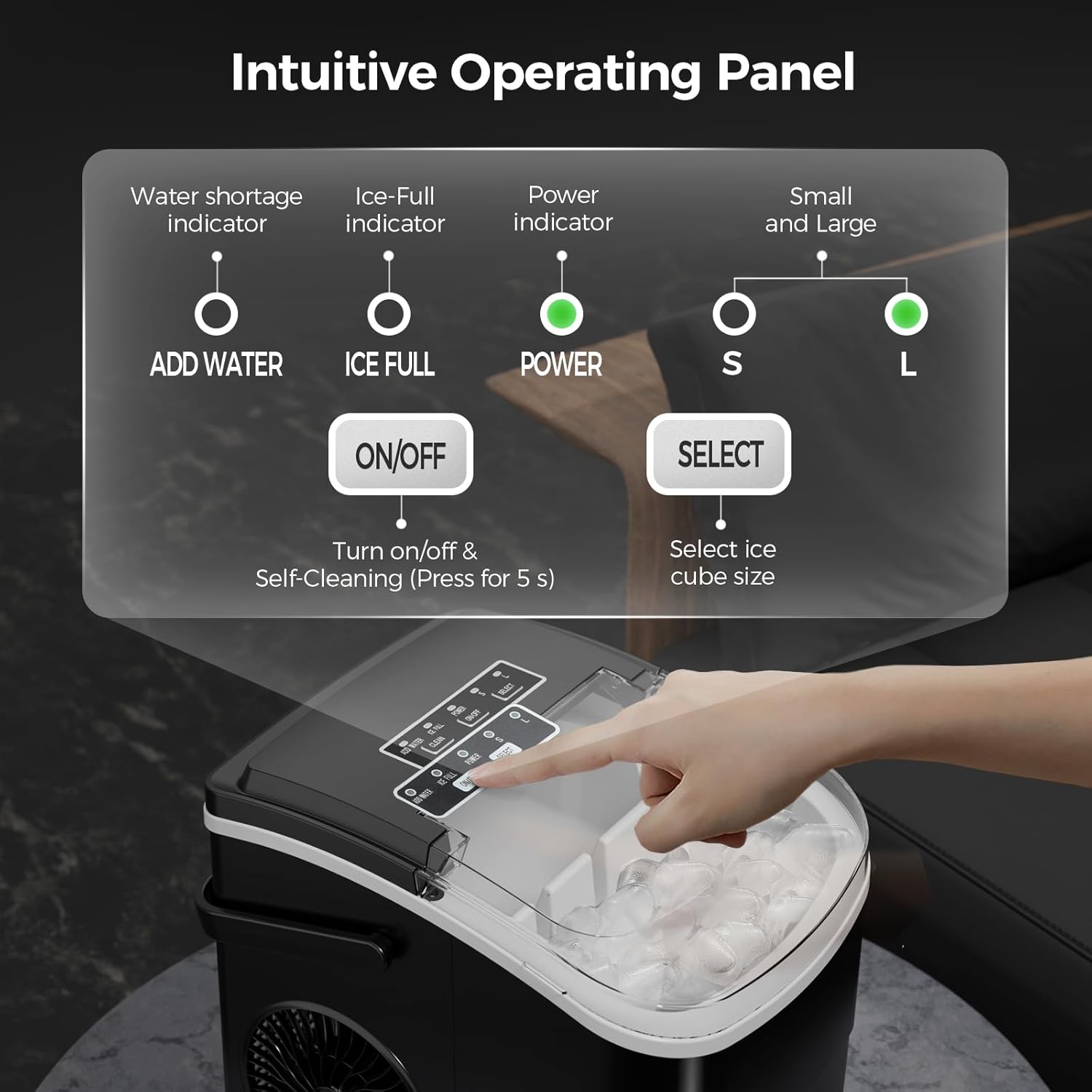 Ice maker with intuitive operating panel and hand selecting ice size