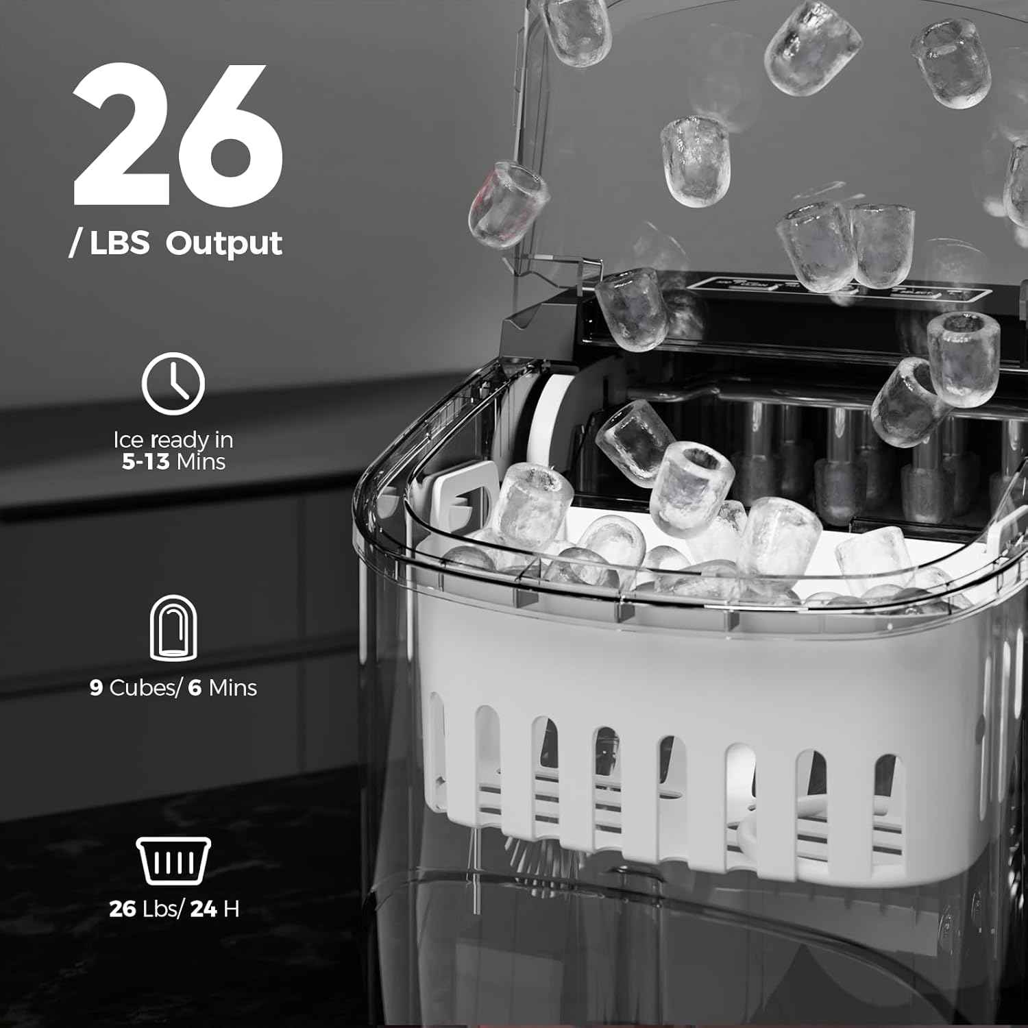 Ice maker with ice cubes and text indicating output and preparation time.