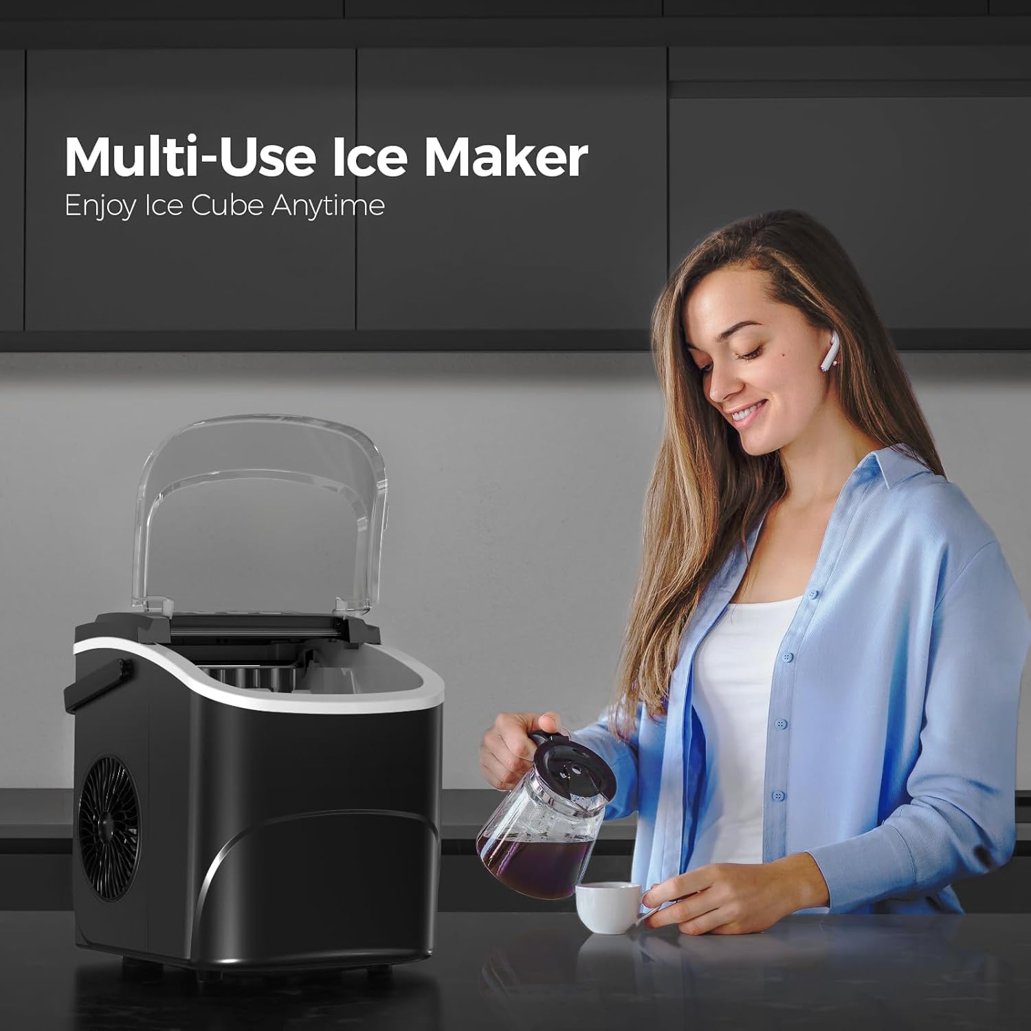 Woman using a multi-use ice maker in a kitchen setting