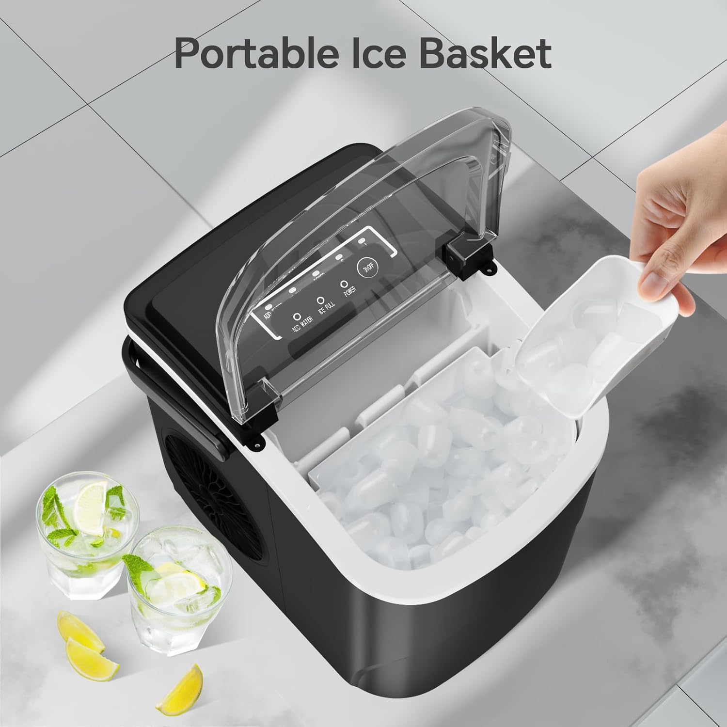Portable ice maker with a hand pulling out ice cubes, surrounded by glasses of lemonade.