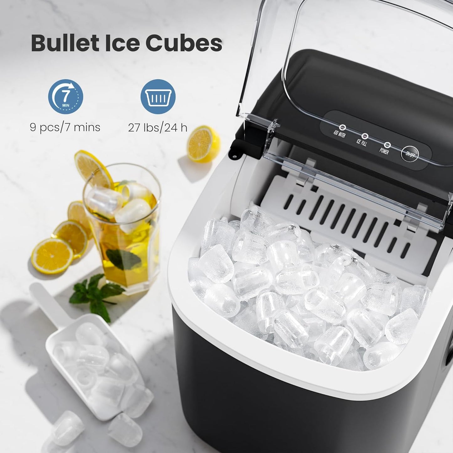 Ice maker with bullet ice cubes, glass of lemonade, and ice cube tray on a white background