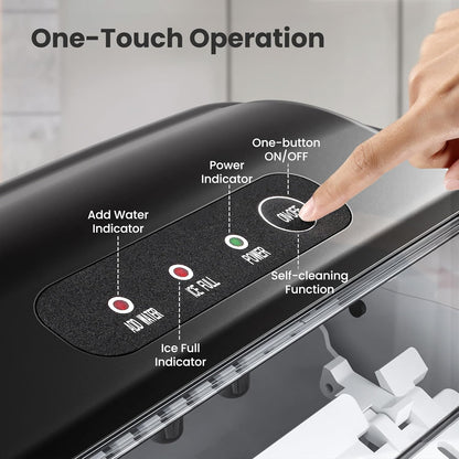 Control panel of an ice maker with labeled buttons and a hand pressing the power button.
