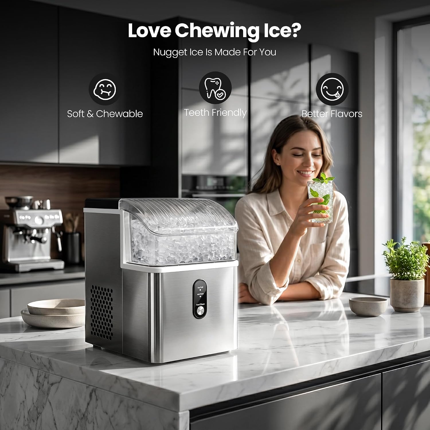 A stainless steel nugget ice machine sits on a marble kitchen counter next to a smiling woman holding a green drink. The scene includes marketing text and icons reading 'Love Chewing Ice? Nugget Ice Is Made For You' with features 'Soft & Chewable', 'Teeth Friendly', and 'Better Flavors'.