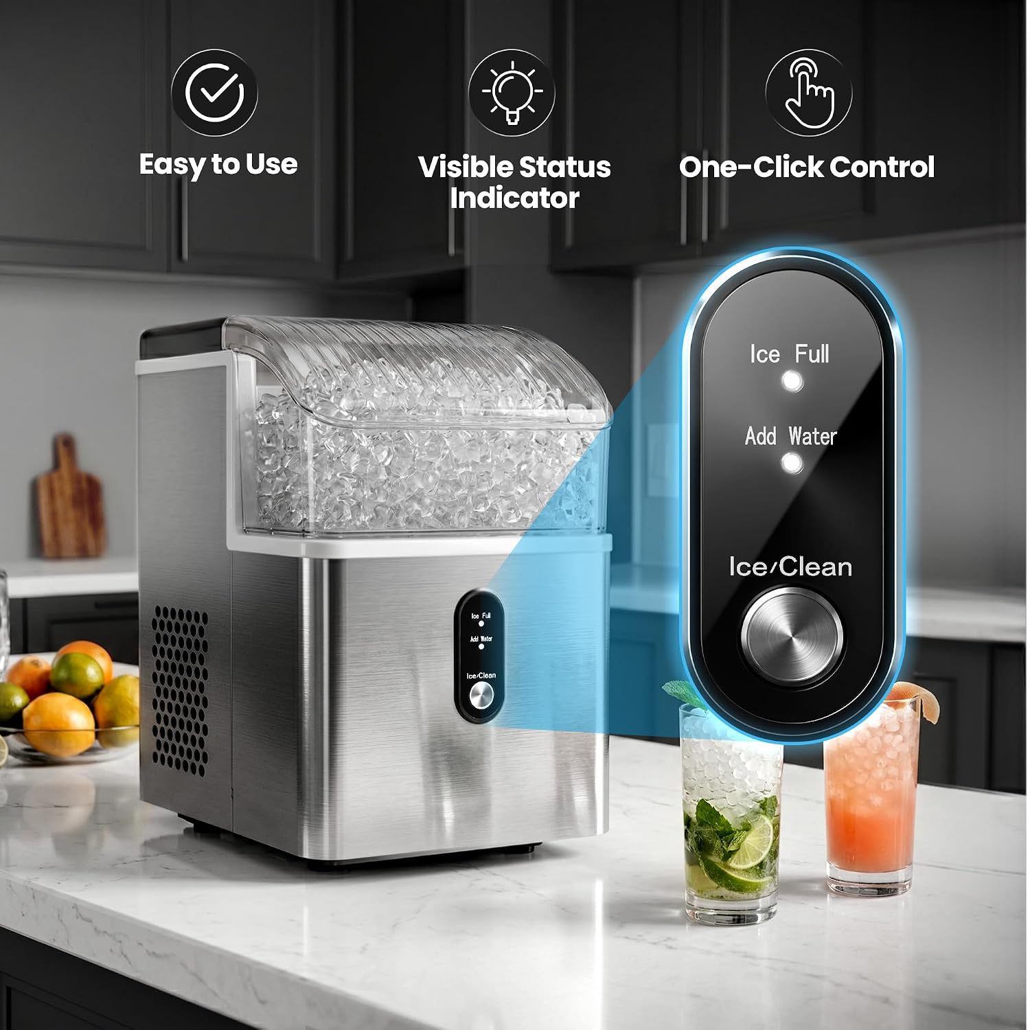 A stainless steel and clear ice maker machine on a kitchen countertop, shown with feature callouts and a close-up of its touch display. The scene includes kitchen cabinets, fruit, and two drinks, with text highlighting easy use, visible status indicator, and one-click control.