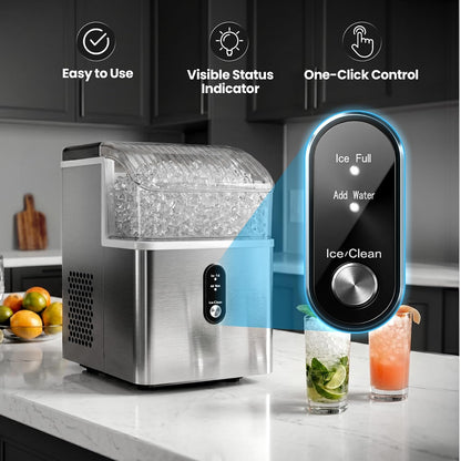 A stainless steel and clear ice maker machine on a kitchen countertop, shown with feature callouts and a close-up of its touch display. The scene includes kitchen cabinets, fruit, and two drinks, with text highlighting easy use, visible status indicator, and one-click control.