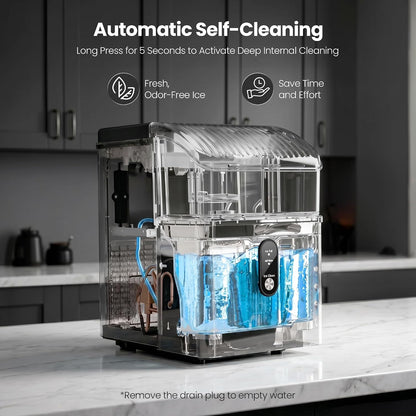 A clear commercial-style ice machine with blue ice inside, shown on a kitchen countertop with dark cabinets behind it. Text at the top describes automatic self-cleaning features.