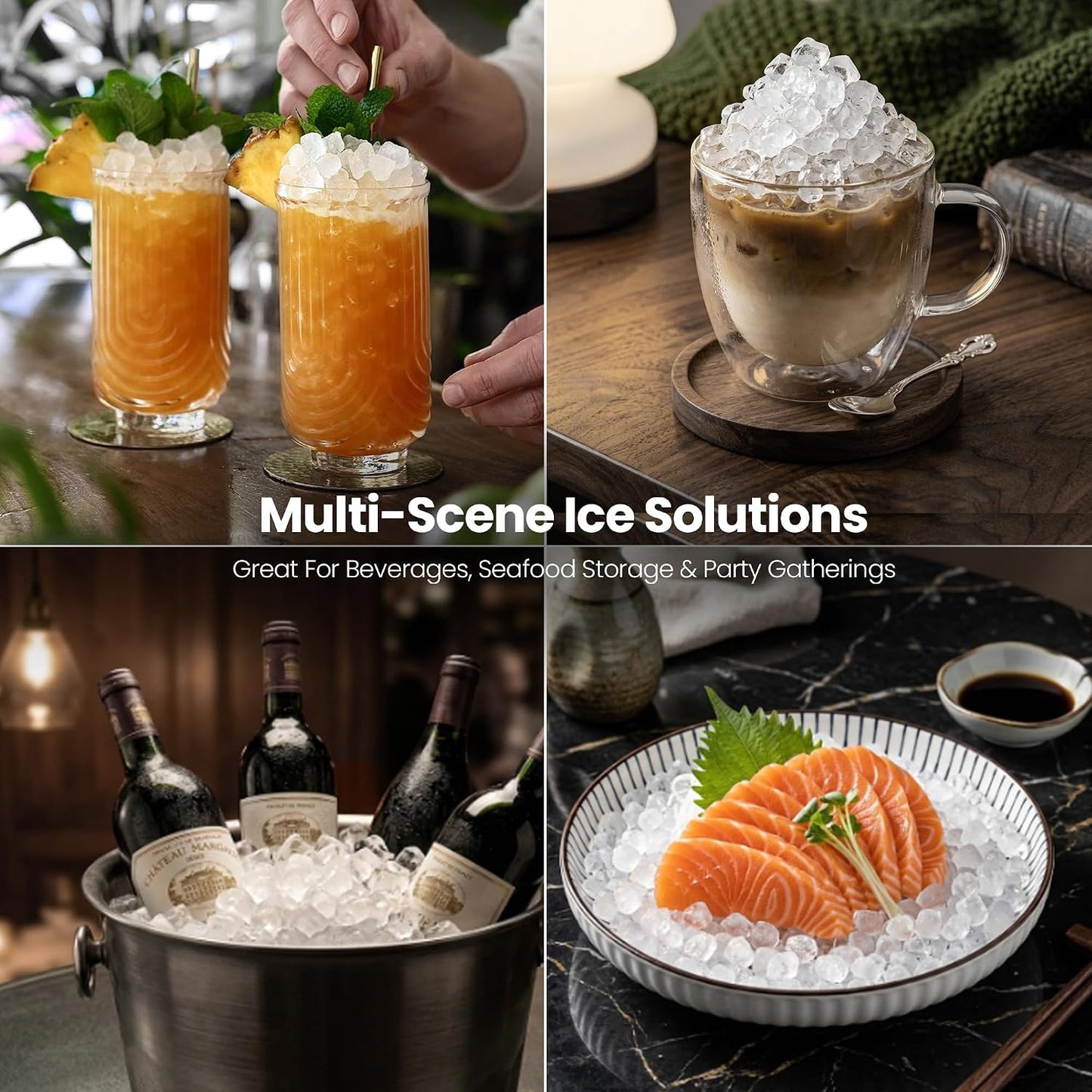 A four-panel collage showcasing ice cubes in use: two tall glasses filled with orange beverage and garnished with mint, an iced coffee drink topped with crushed ice, a metal bucket filled with ice holding several wine bottles, and salmon sashimi slices on a bed of ice in a plate. Text across the center reads 'Multi-Scene Ice Solutions' with smaller descriptive copy below.