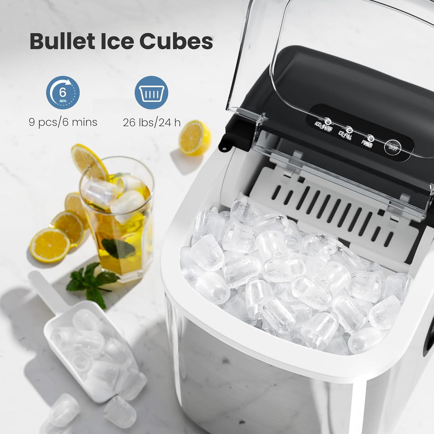 Portable Ice Maker Machine with Handle, 26lbs/24Hrs, 6Mins/9 Ice Cubes, Self-Cleaning with Basket/Scoop Z5812SH