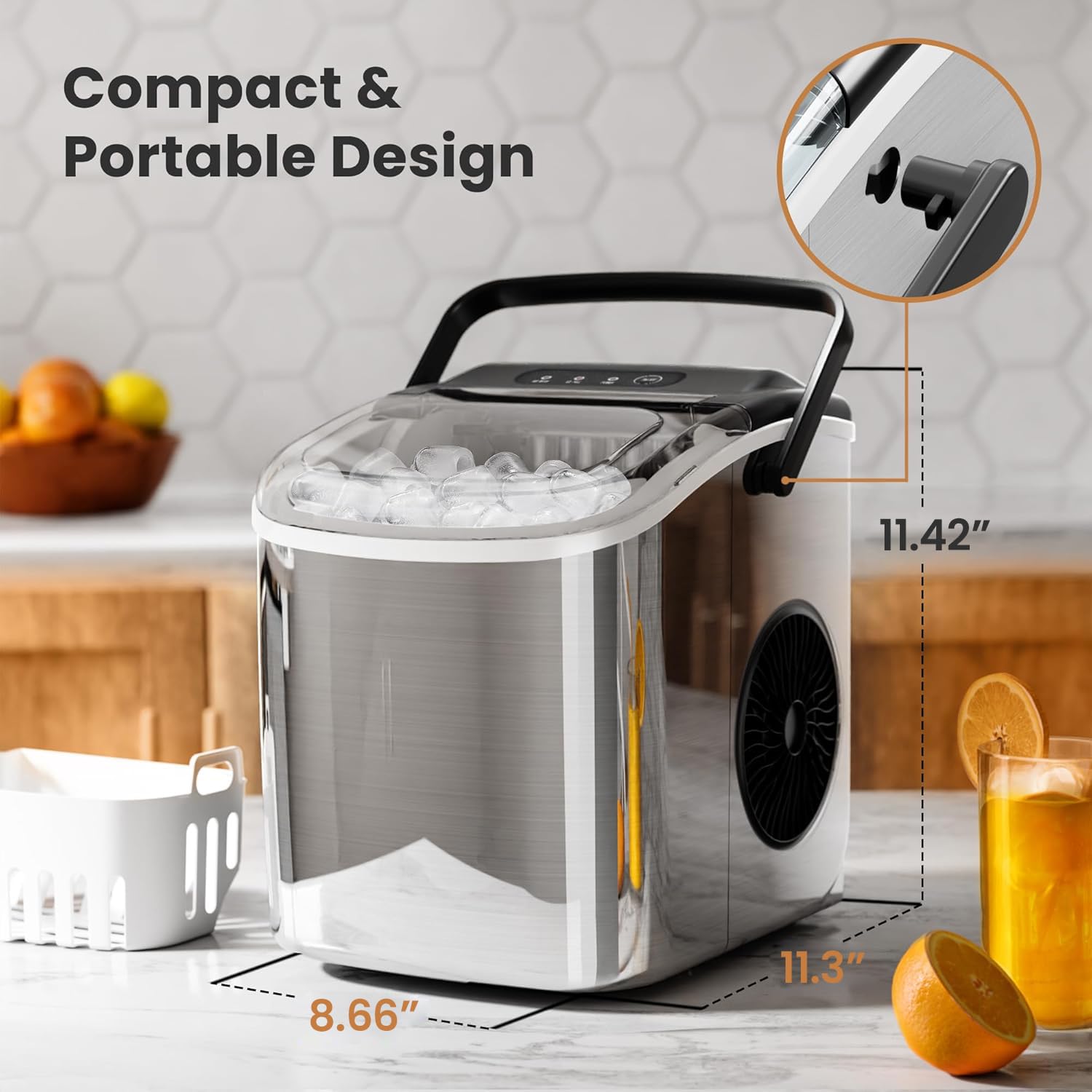 Portable Ice Maker Machine with Handle, 26lbs/24Hrs, 6Mins/9 Ice Cubes, Self-Cleaning with Basket/Scoop Z5812SH
