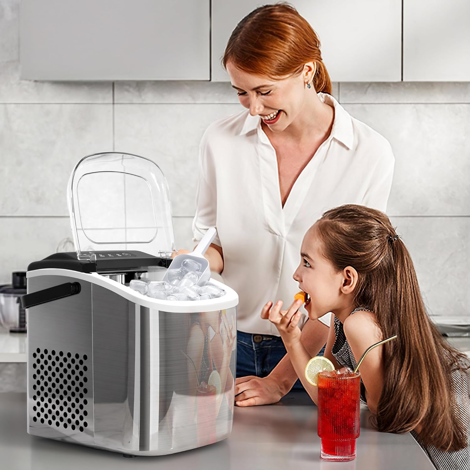 Portable Ice Maker Machine with Handle, 26lbs/24Hrs, 6Mins/9 Ice Cubes, Self-Cleaning with Basket/Scoop Z5812SH