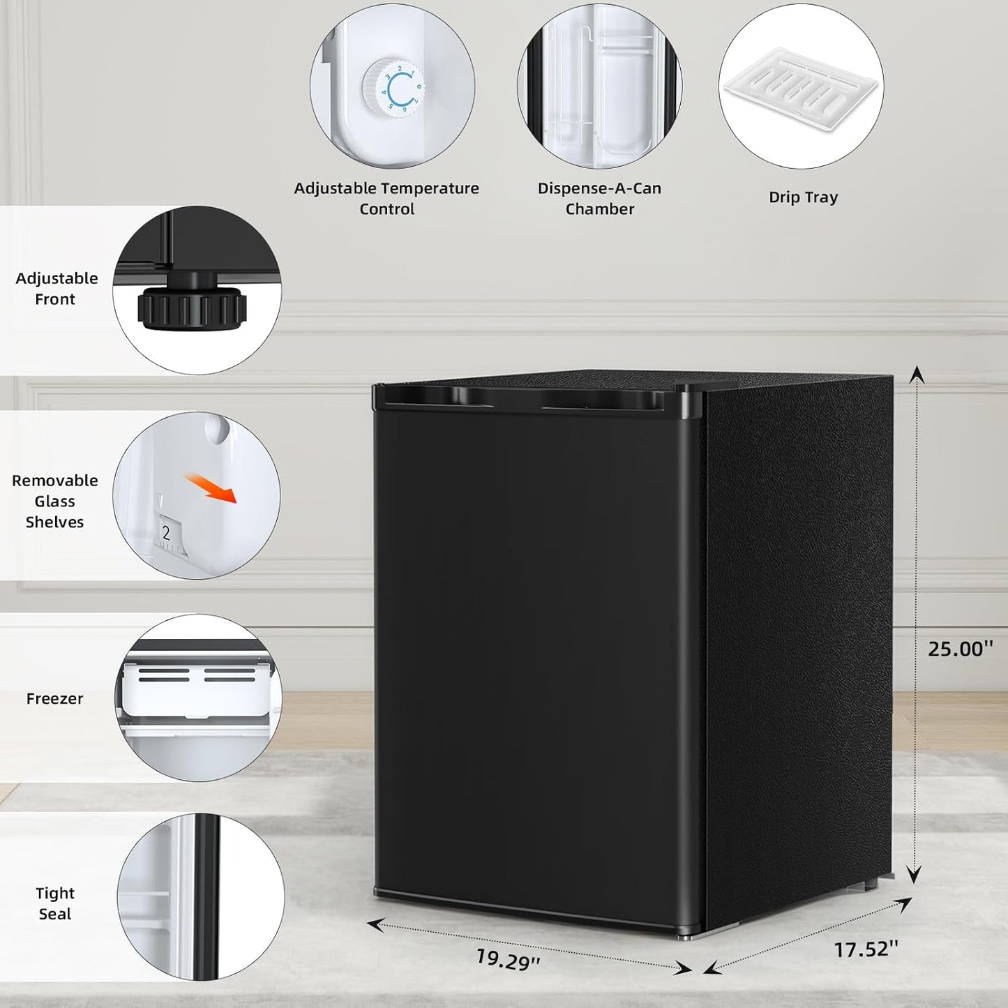 A small black countertop refrigerator shown on a light indoor floor with dimension labels and feature callouts around it, including adjustable front, removable glass shelves, freezer, tight seal, and drip tray.