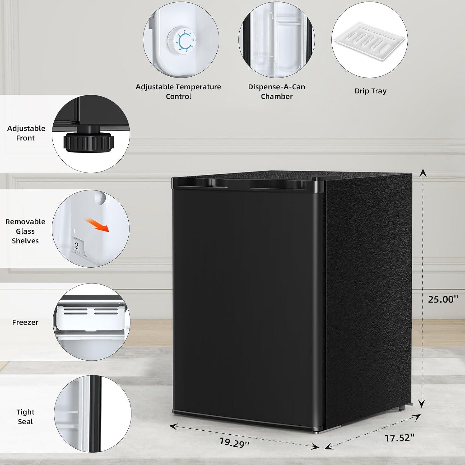 A small black countertop refrigerator shown on a light indoor floor with dimension labels and feature callouts around it, including adjustable front, removable glass shelves, freezer, tight seal, and drip tray.