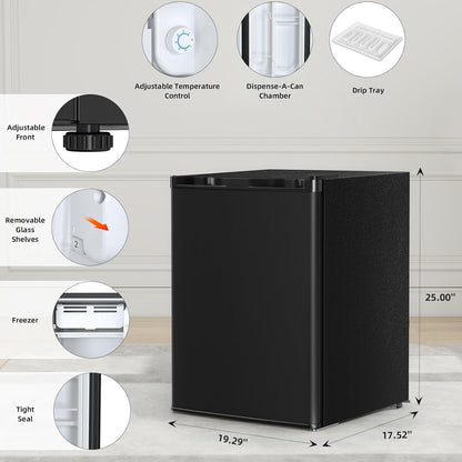 A small black countertop refrigerator shown on a light indoor floor with dimension labels and feature callouts around it, including adjustable front, removable glass shelves, freezer, tight seal, and drip tray.