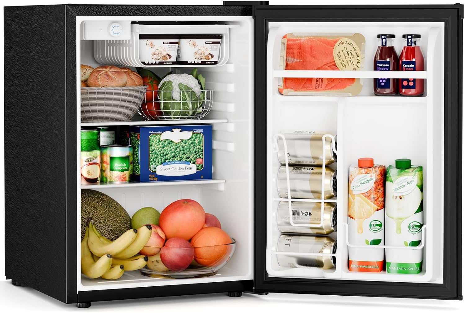 A black mini refrigerator shown open, filled with food and drinks, on a plain white background.