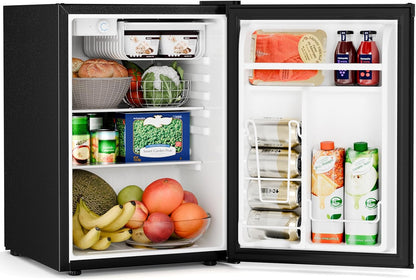 A black mini refrigerator shown open, filled with food and drinks, on a plain white background.
