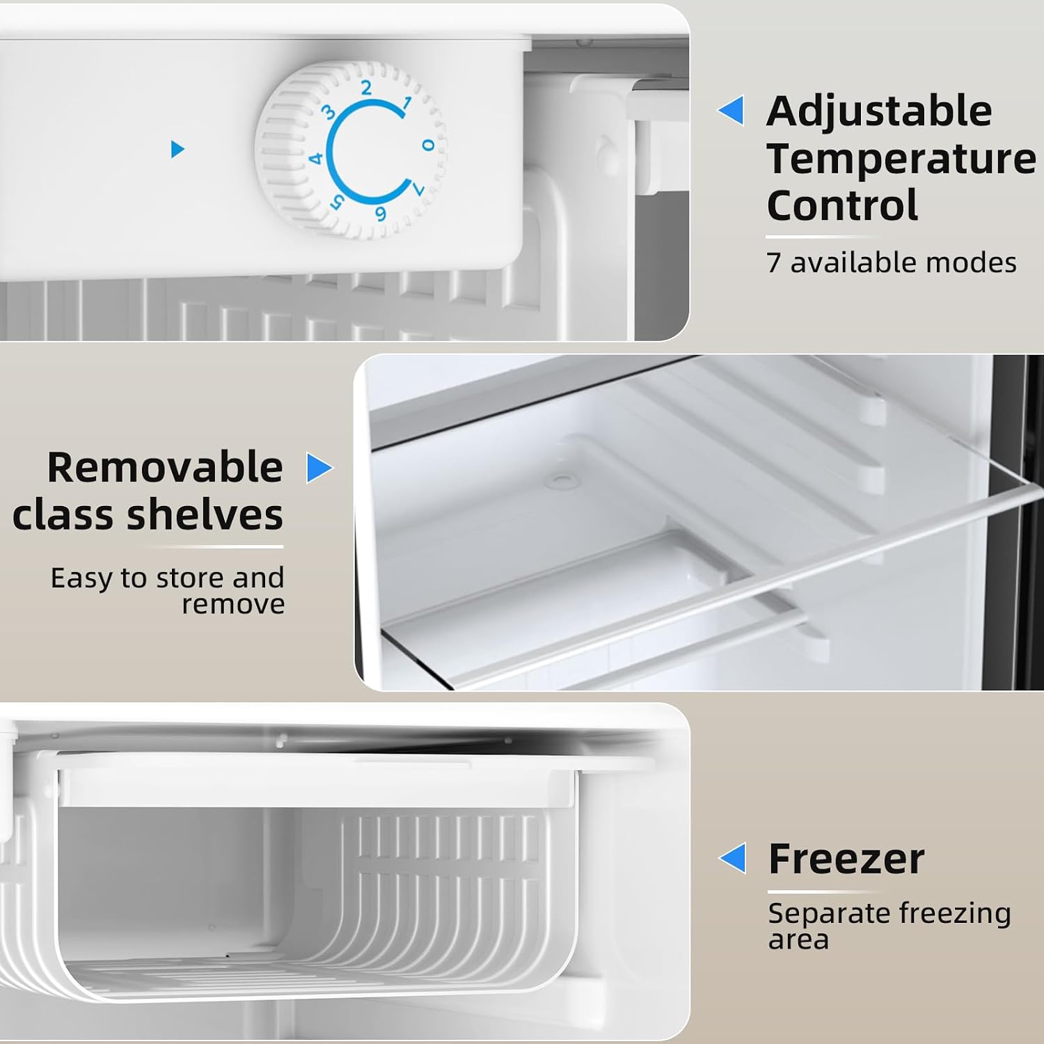 Feature callout collage for a white refrigerator interior showing an adjustable temperature control dial, removable class shelves, and a freezer compartment, with text labels on a beige background.
