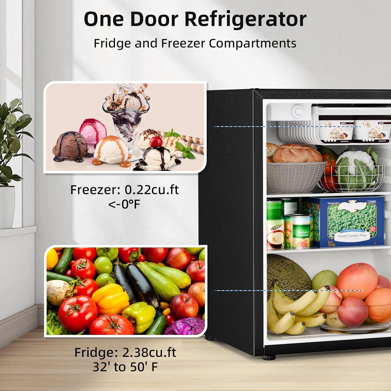 One-door refrigerator with freezer and fridge compartments, showing food items inside.