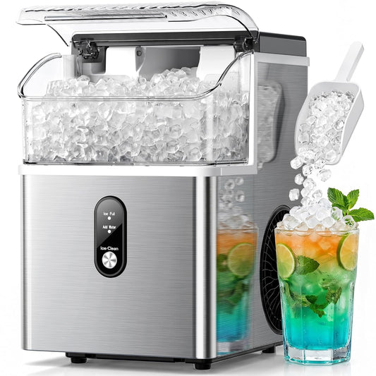 A stainless steel countertop ice machine with a clear hopper filled with ice, shown on a white background with a scoop of ice and a glass of colorful iced drink.