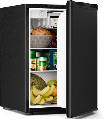 Black mini refrigerator with food items inside on a white background