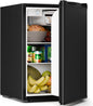 Black mini refrigerator with food items inside on a white background